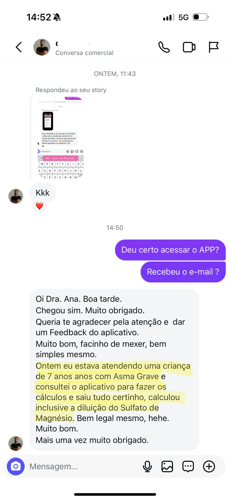 Conversa sobre o uso do aplicativo em um atendimento pediátrico
